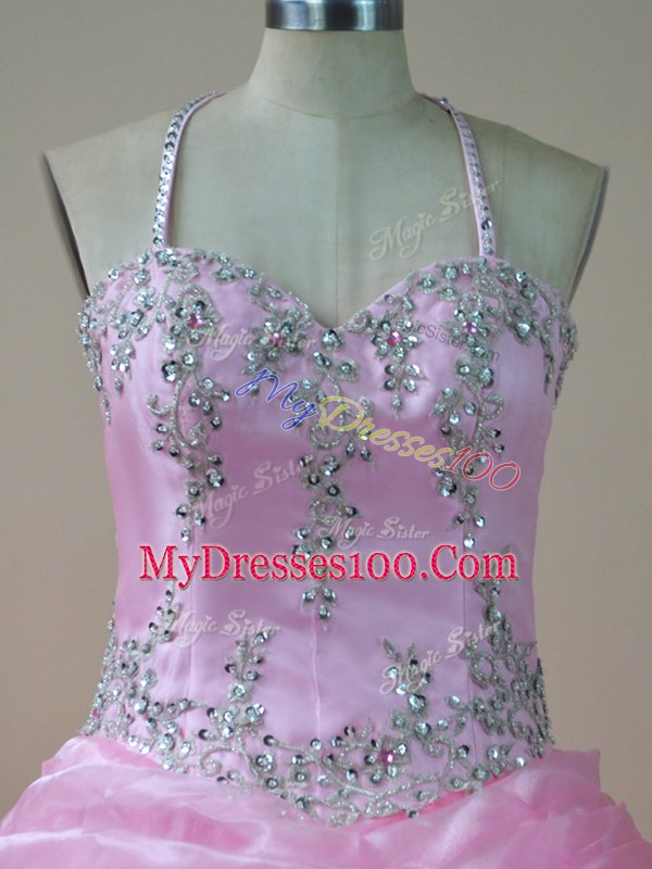 Fashion Baby Pink Lace Up Halter Top Embroidery and Ruffled Layers Bridesmaid Dresses Organza Sleeveless