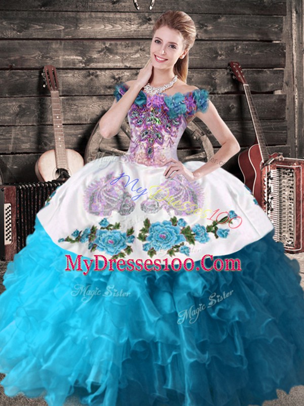Sleeveless Embroidery and Ruffles Lace Up Quince Ball Gowns