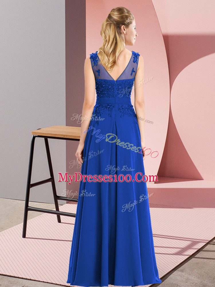 Floor Length Royal Blue Bridesmaid Gown Scoop Sleeveless Zipper