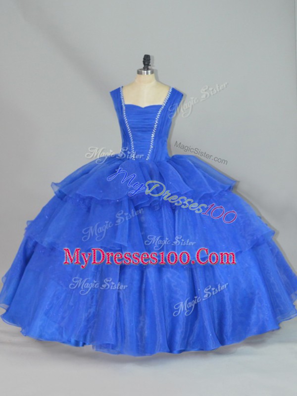 Blue Straps Lace Up Beading and Ruffled Layers Sweet 16 Dresses Sleeveless