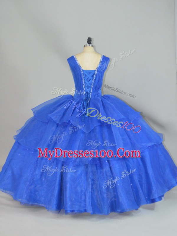 Blue Straps Lace Up Beading and Ruffled Layers Sweet 16 Dresses Sleeveless