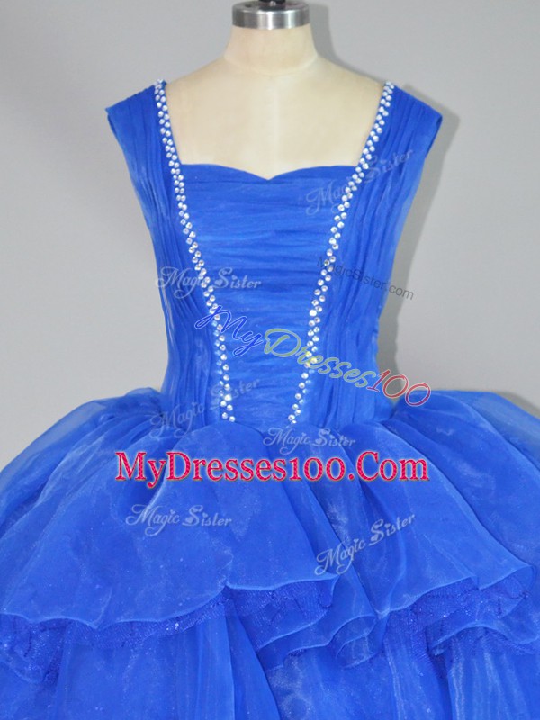 Blue Straps Lace Up Beading and Ruffled Layers Sweet 16 Dresses Sleeveless