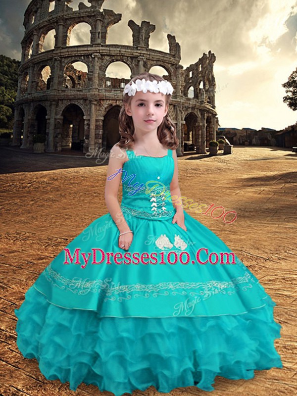 Perfect Aqua Blue Sleeveless Floor Length Embroidery and Ruffled Layers Zipper Pageant Gowns For Girls