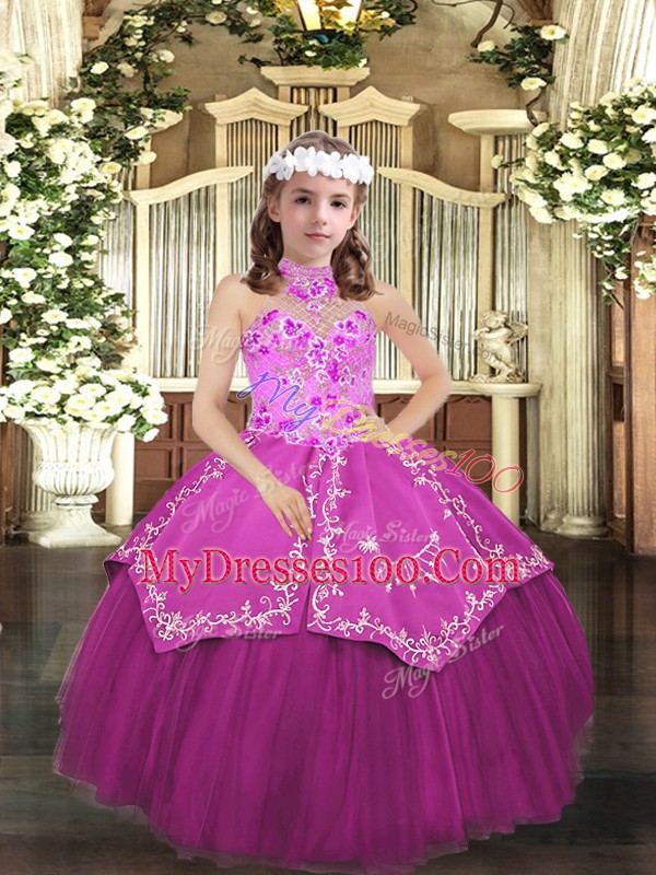 Gorgeous Halter Top Sleeveless Tulle Kids Pageant Dress Embroidery Lace Up