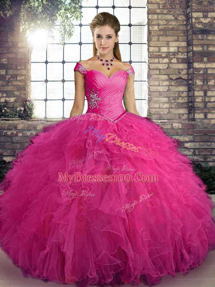 Floor Length Hot Pink Vestidos de Quinceanera Tulle Sleeveless Beading and Ruffles
