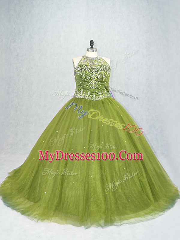 Customized Olive Green Ball Gowns Beading 15th Birthday Dress Lace Up Tulle Sleeveless