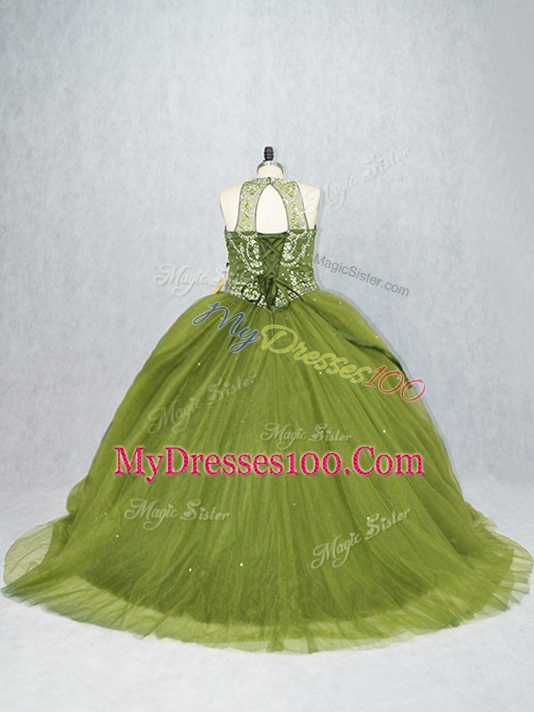 Customized Olive Green Ball Gowns Beading 15th Birthday Dress Lace Up Tulle Sleeveless