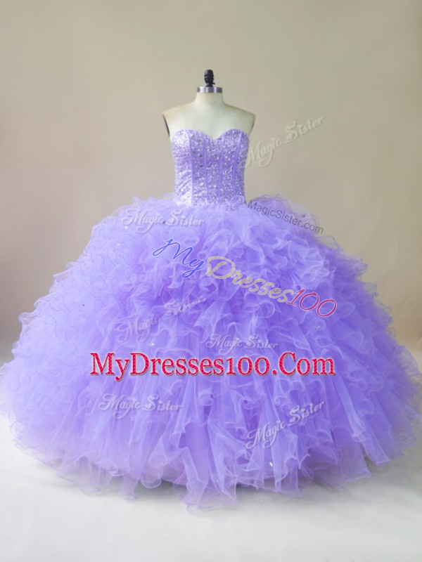 Romantic Lavender Lace Up Sweetheart Beading and Ruffles Sweet 16 Dress Tulle Sleeveless