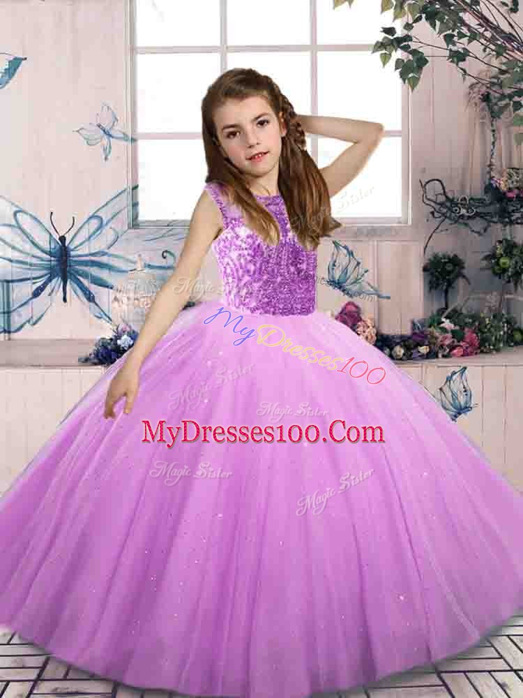 Trendy Sleeveless Floor Length Beading Lace Up Child Pageant Dress with Lilac