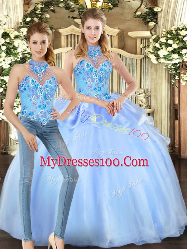 Blue Lace Up Quinceanera Dresses Embroidery Sleeveless Floor Length