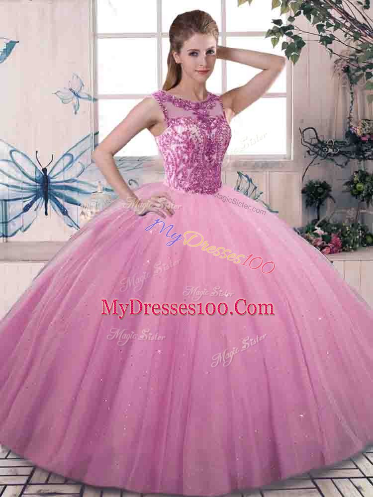 Suitable Rose Pink Sweet 16 Dress Military Ball and Sweet 16 and Quinceanera with Beading Scoop Sleeveless Lace Up
