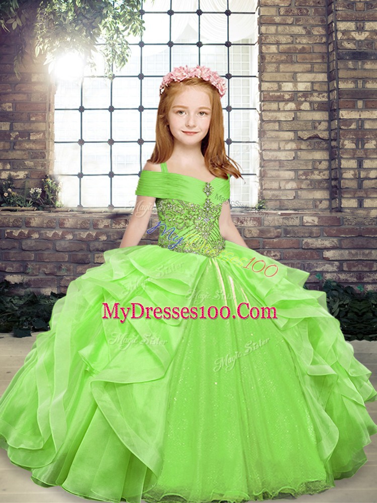 Organza Sleeveless Floor Length Little Girls Pageant Gowns and Beading and Ruffles