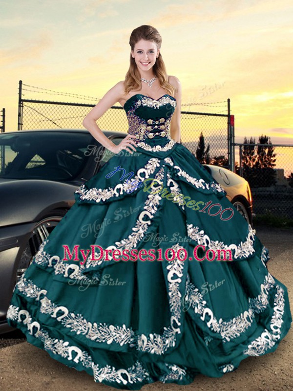 Luxury Satin Sweetheart Sleeveless Lace Up Embroidery and Ruffled Layers Quince Ball Gowns in Peacock Green
