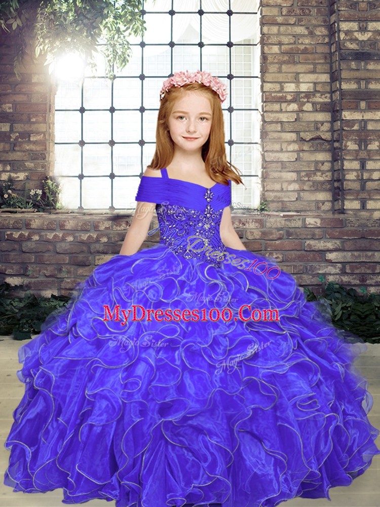 Sleeveless Organza Floor Length Lace Up Winning Pageant Gowns in Purple with Beading and Ruffles