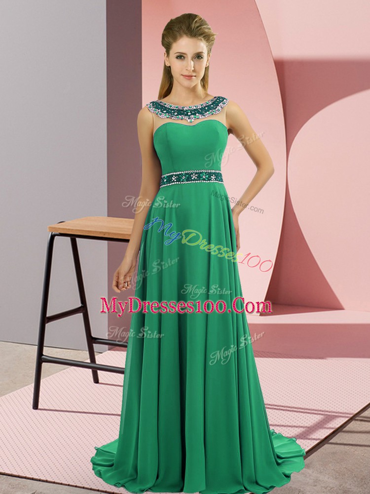 Simple Scoop Sleeveless Chiffon Evening Dress Beading Brush Train Zipper