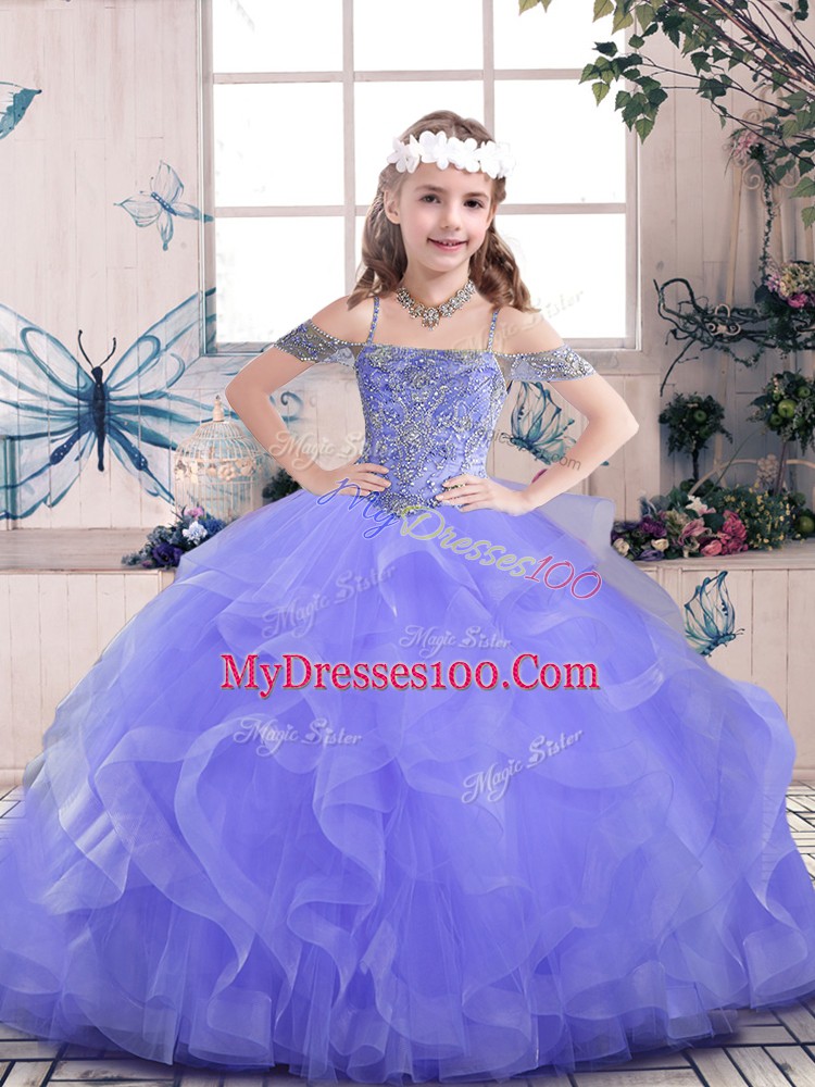 Nice Ball Gowns Little Girl Pageant Gowns Lavender Straps Tulle Sleeveless Floor Length Lace Up