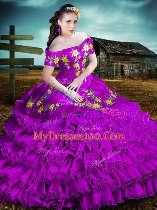 Latest Purple Sleeveless Embroidery and Ruffles Floor Length 15th Birthday Dress