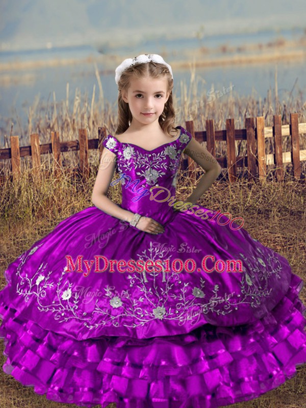 Customized Purple Ball Gowns Off The Shoulder Sleeveless Satin and Organza Floor Length Lace Up Embroidery and Ruffled Layers Child Pageant Dress
