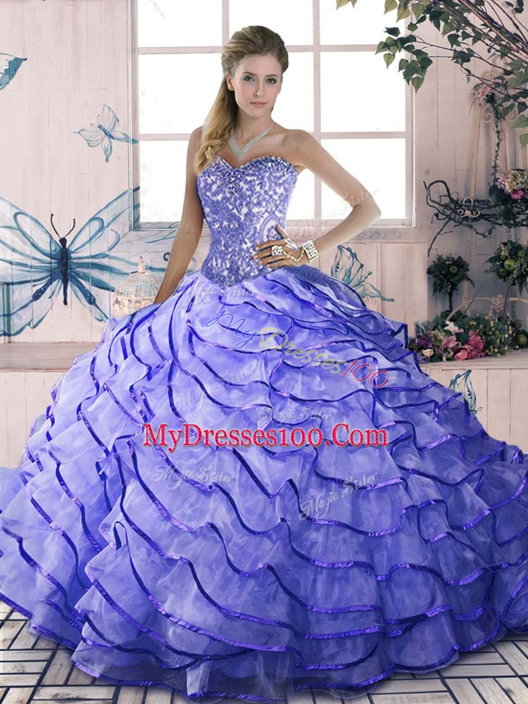 Sleeveless Organza Brush Train Lace Up 15th Birthday Dress in Lavender with Beading and Ruffled Layers