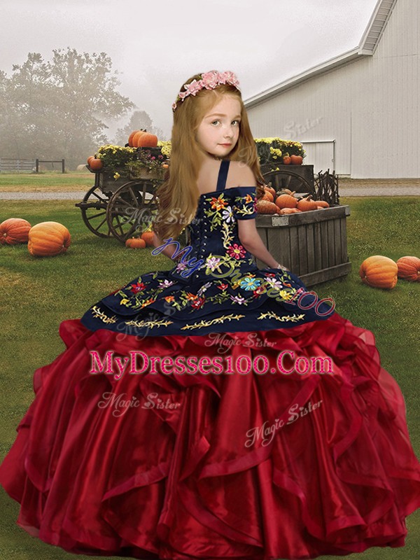 Pretty Sleeveless Floor Length Embroidery and Ruffles Lace Up Pageant Dresses with Olive Green