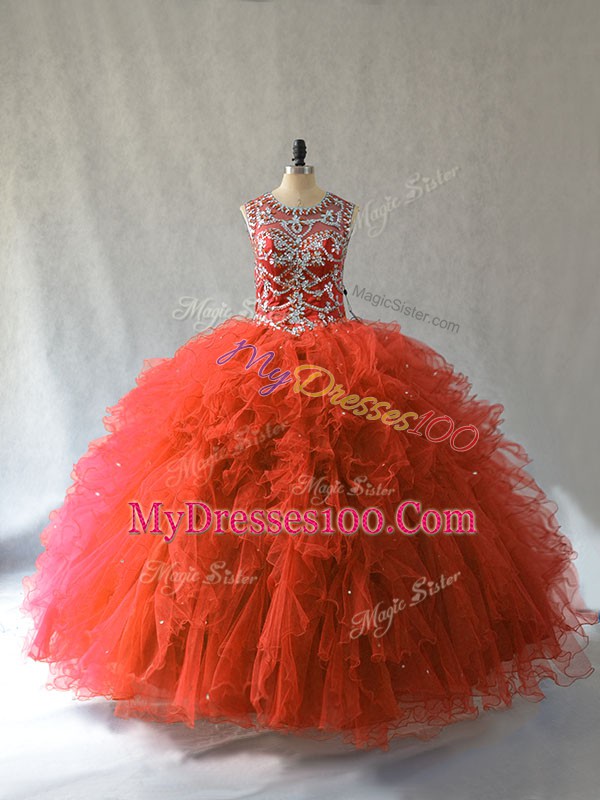 Orange Red Sleeveless Floor Length Beading and Ruffles Lace Up Quinceanera Dresses
