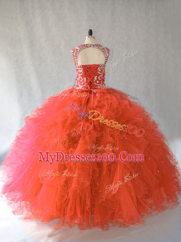 Orange Red Sleeveless Floor Length Beading and Ruffles Lace Up Quinceanera Dresses