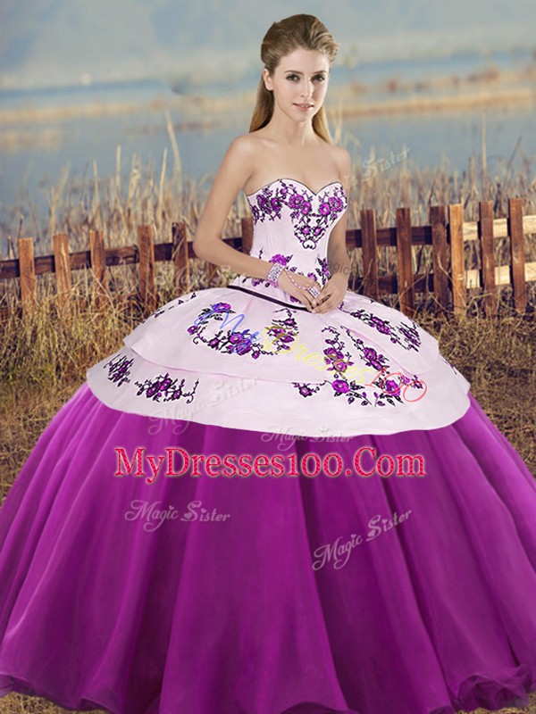 Ideal Sleeveless Lace Up Floor Length Embroidery and Bowknot Ball Gown Prom Dress
