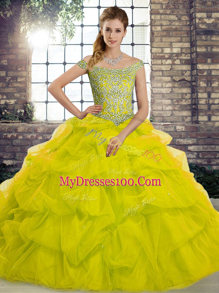 Lovely Lace Up Quinceanera Dresses Yellow Green for Military Ball and Sweet 16 and Quinceanera with Beading and Pick Ups Brush Train