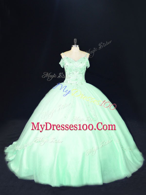 Apple Green Ball Gowns Off The Shoulder Sleeveless Tulle Court Train Lace Up Beading Quinceanera Dresses