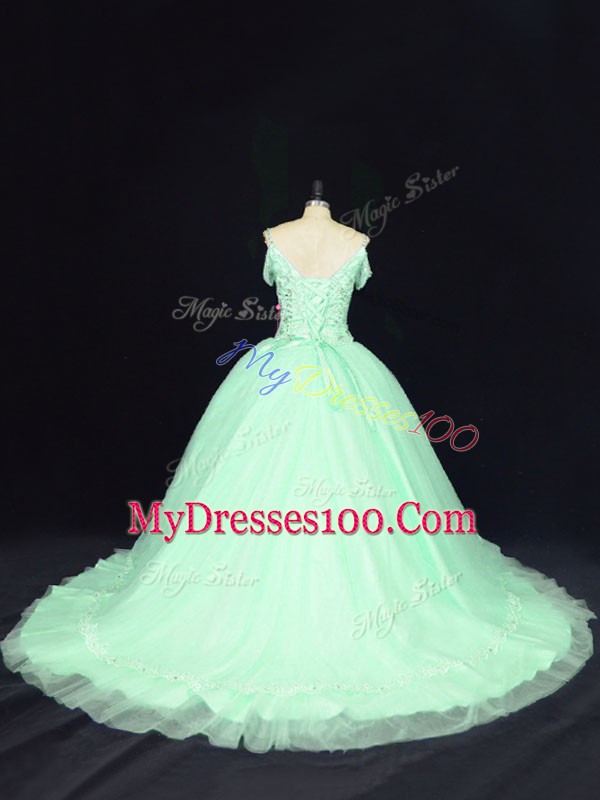 Apple Green Ball Gowns Off The Shoulder Sleeveless Tulle Court Train Lace Up Beading Quinceanera Dresses