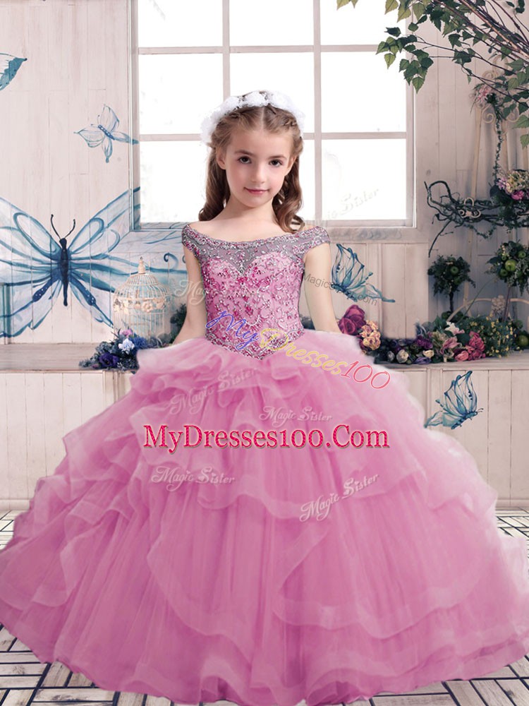 Perfect Floor Length Lace Up Little Girls Pageant Dress Wholesale Lilac for Party and Military Ball and Wedding Party with Beading