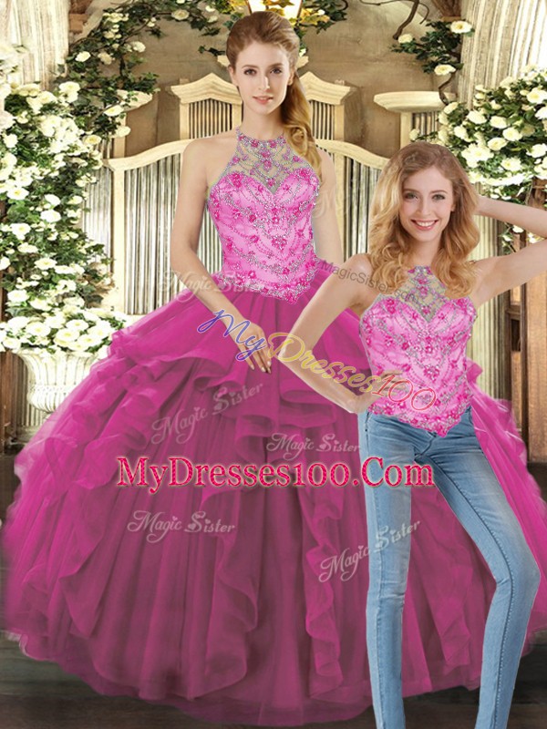 Floor Length Fuchsia Ball Gown Prom Dress Tulle Sleeveless Beading and Ruffles
