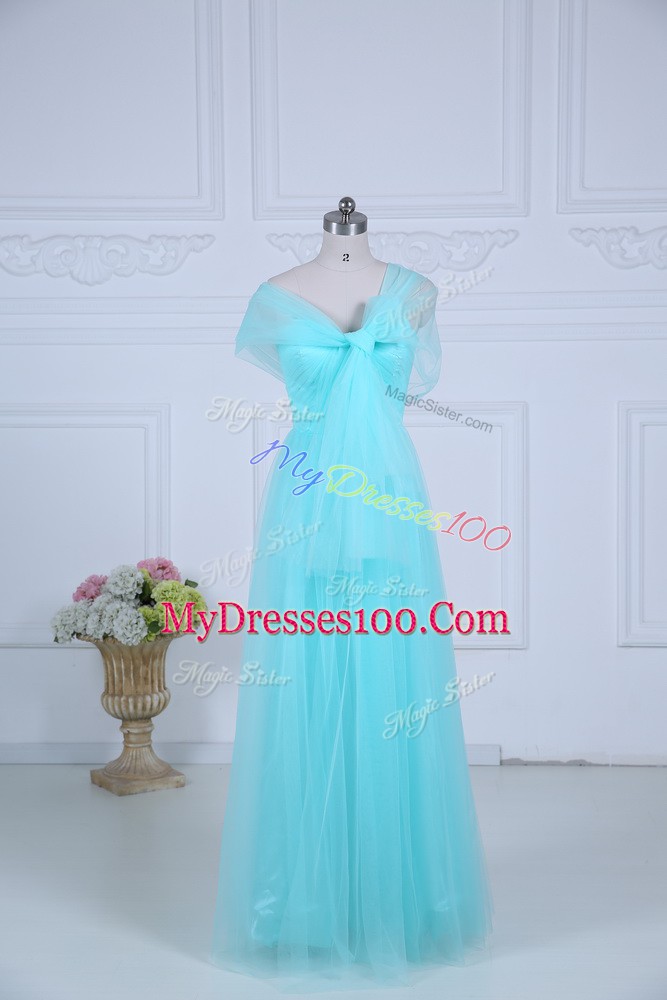 Sumptuous Aqua Blue Tulle Zipper Quinceanera Dama Dress Sleeveless Floor Length Ruching