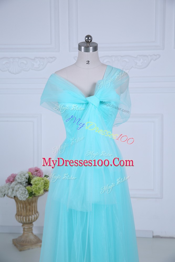 Sumptuous Aqua Blue Tulle Zipper Quinceanera Dama Dress Sleeveless Floor Length Ruching