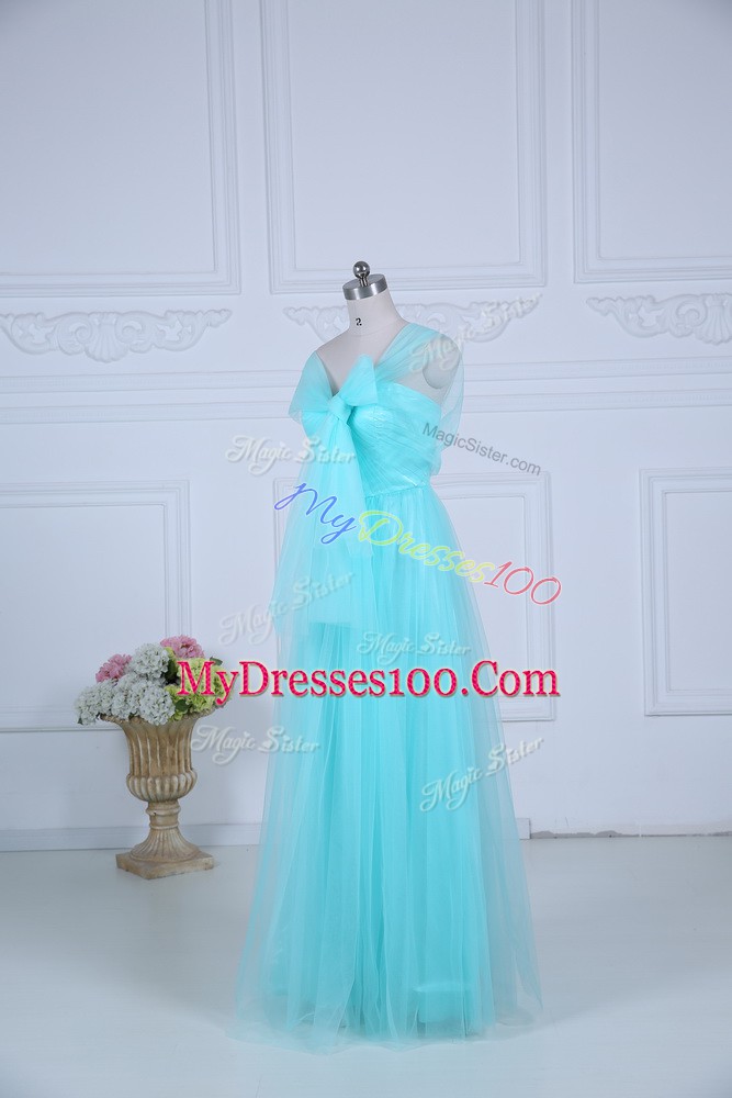 Sumptuous Aqua Blue Tulle Zipper Quinceanera Dama Dress Sleeveless Floor Length Ruching
