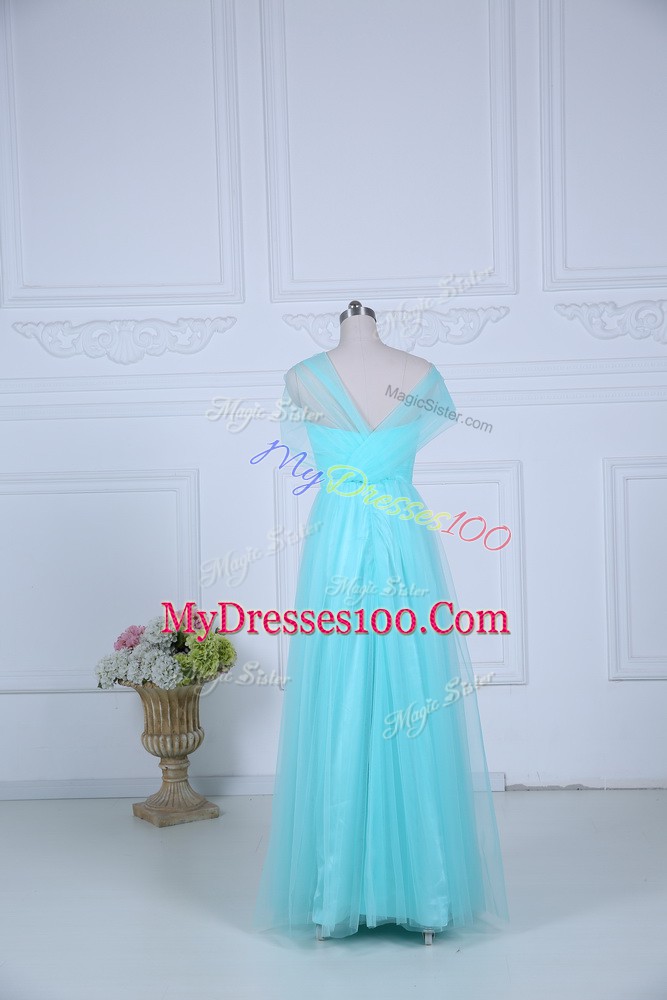 Sumptuous Aqua Blue Tulle Zipper Quinceanera Dama Dress Sleeveless Floor Length Ruching