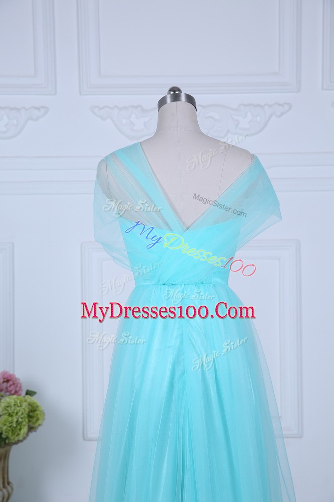 Sumptuous Aqua Blue Tulle Zipper Quinceanera Dama Dress Sleeveless Floor Length Ruching