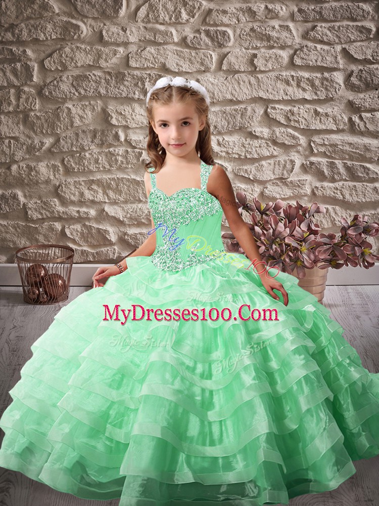 Apple Green Kids Pageant Dress Straps Sleeveless Brush Train Lace Up