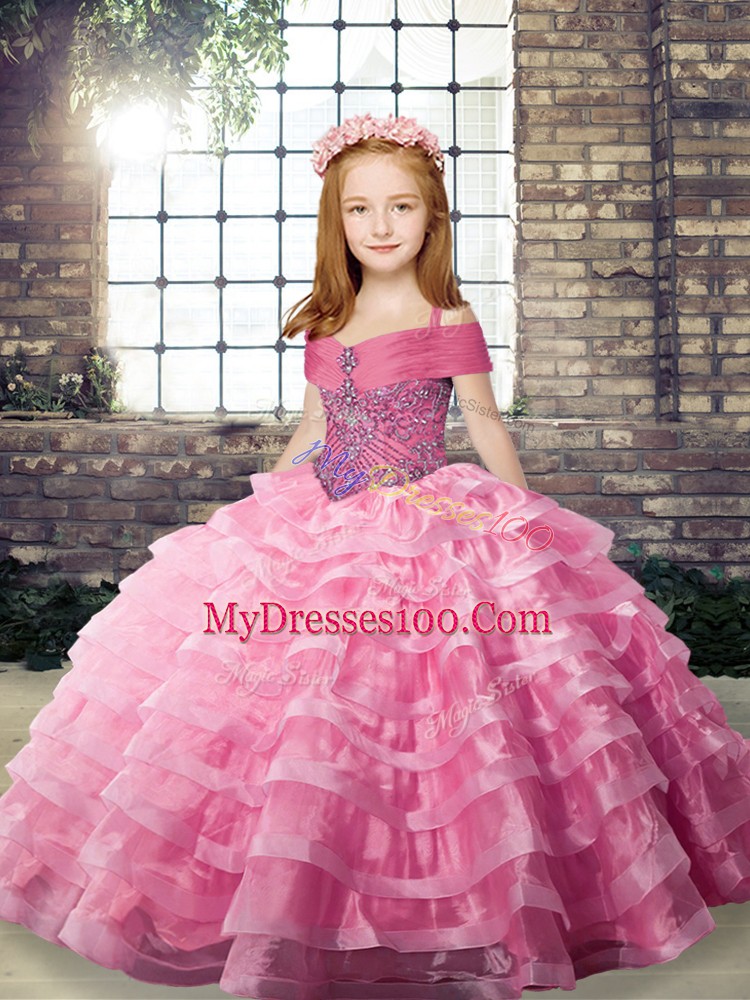 Straps Sleeveless Pageant Dress for Teens Brush Train Beading and Ruffled Layers Rose Pink Organza