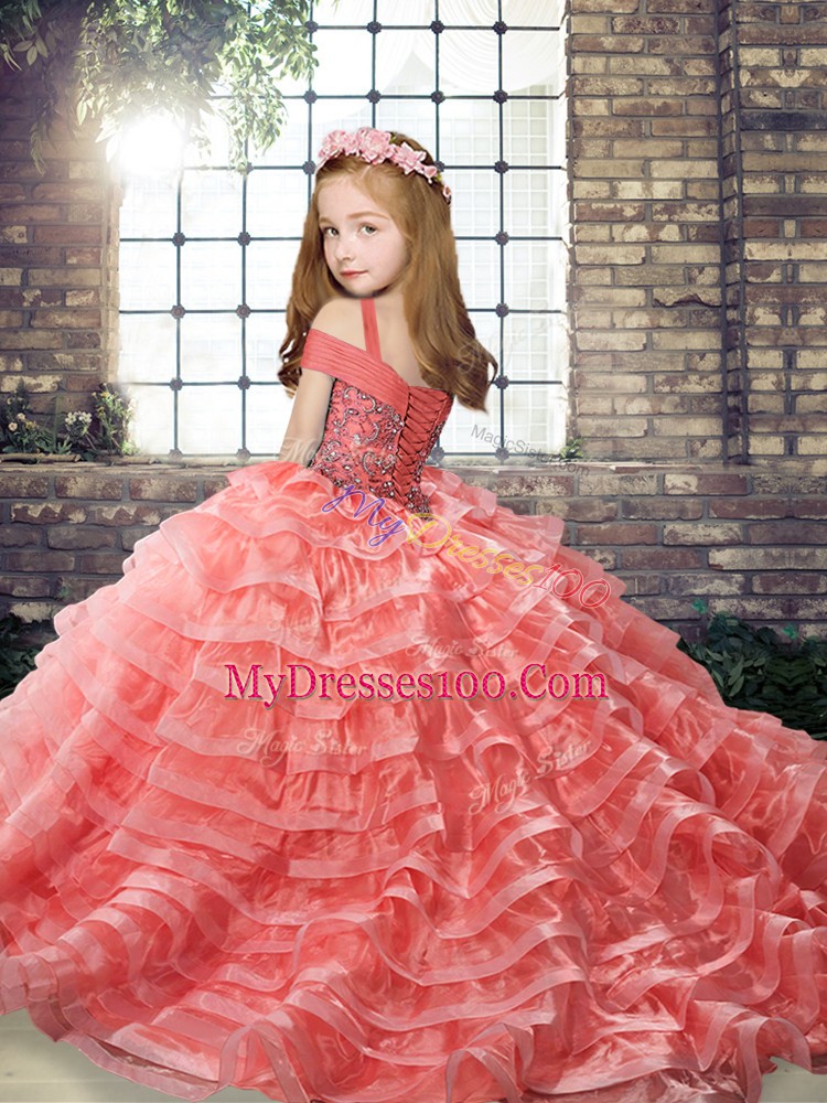 Straps Sleeveless Pageant Dress for Teens Brush Train Beading and Ruffled Layers Rose Pink Organza