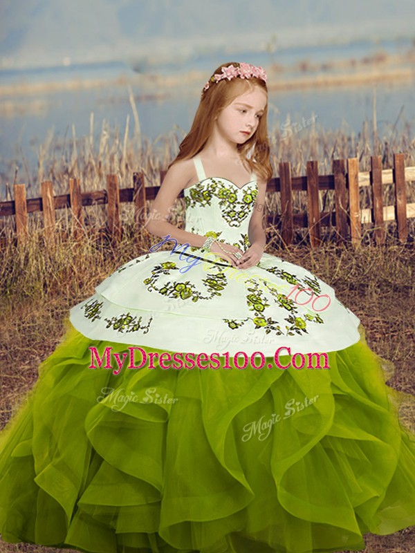 Fantastic Olive Green Ball Gowns Straps Long Sleeves Floor Length Lace Up Embroidery and Ruffles Little Girls Pageant Dress Wholesale
