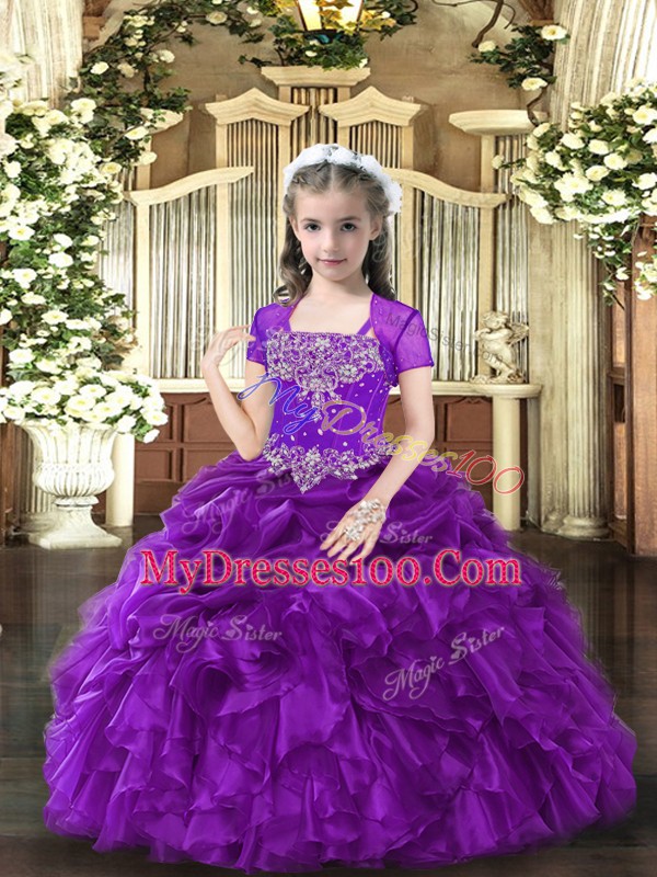 Purple Ball Gowns Organza Straps Sleeveless Beading and Ruffles Floor Length Lace Up Pageant Gowns For Girls