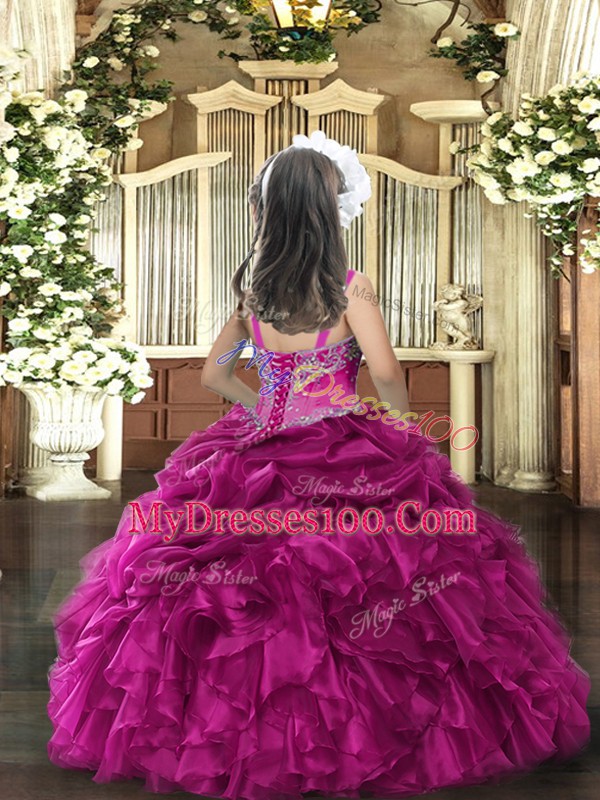 Purple Ball Gowns Organza Straps Sleeveless Beading and Ruffles Floor Length Lace Up Pageant Gowns For Girls