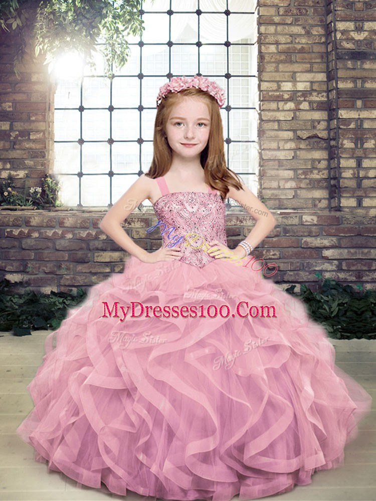 Sleeveless Lace Up Floor Length Beading and Ruffles Little Girl Pageant Dress