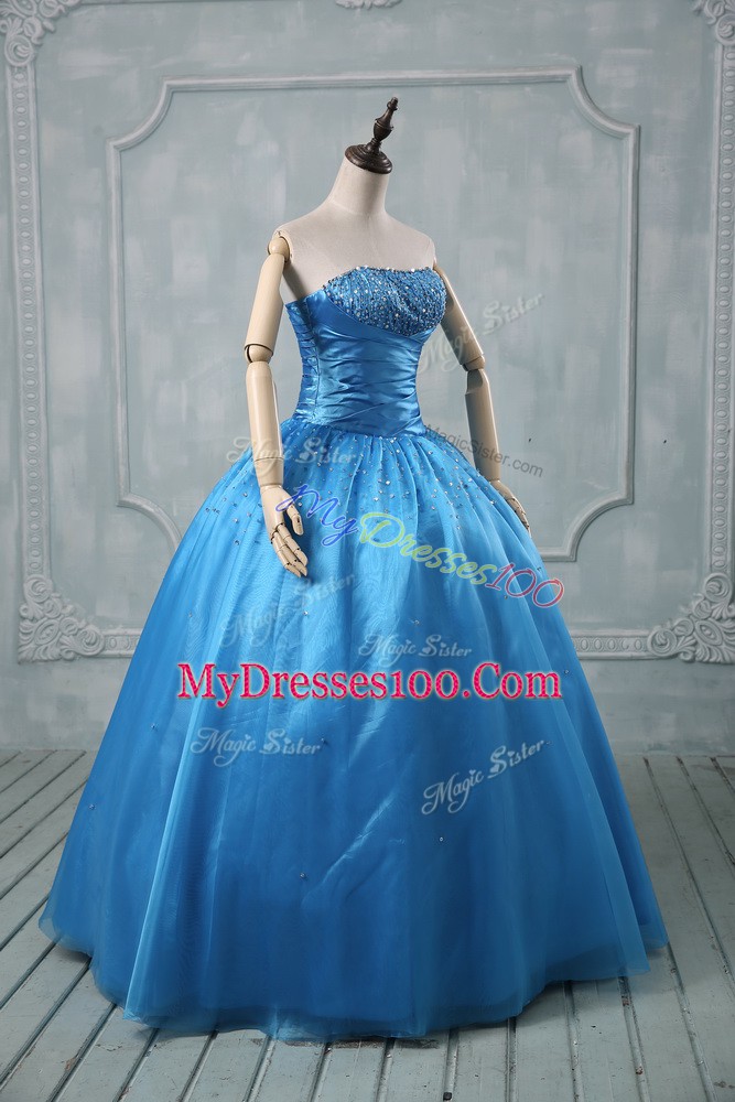 On Sale Baby Blue Strapless Neckline Beading and Sequins Quinceanera Gowns Sleeveless Lace Up