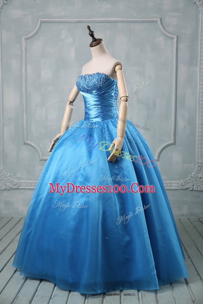 On Sale Baby Blue Strapless Neckline Beading and Sequins Quinceanera Gowns Sleeveless Lace Up