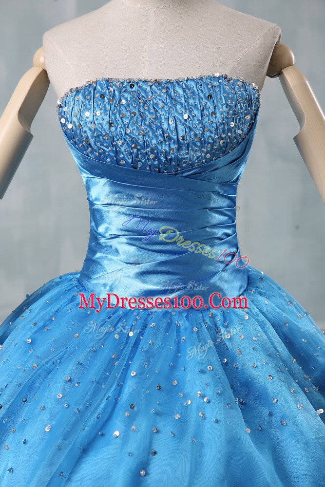 On Sale Baby Blue Strapless Neckline Beading and Sequins Quinceanera Gowns Sleeveless Lace Up