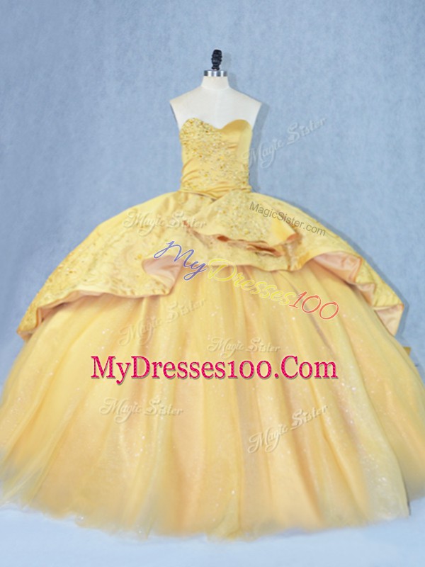 Delicate Beading and Appliques Sweet 16 Quinceanera Dress Gold Lace Up Court Train