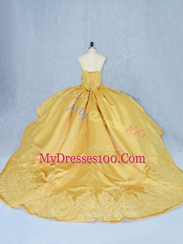 Delicate Beading and Appliques Sweet 16 Quinceanera Dress Gold Lace Up Court Train