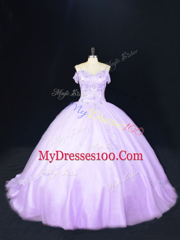 Lavender Off The Shoulder Neckline Beading Ball Gown Prom Dress Sleeveless Lace Up